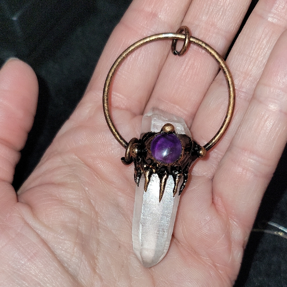 Crystal Quartz Pendant with Purple Amethyst Gemstone